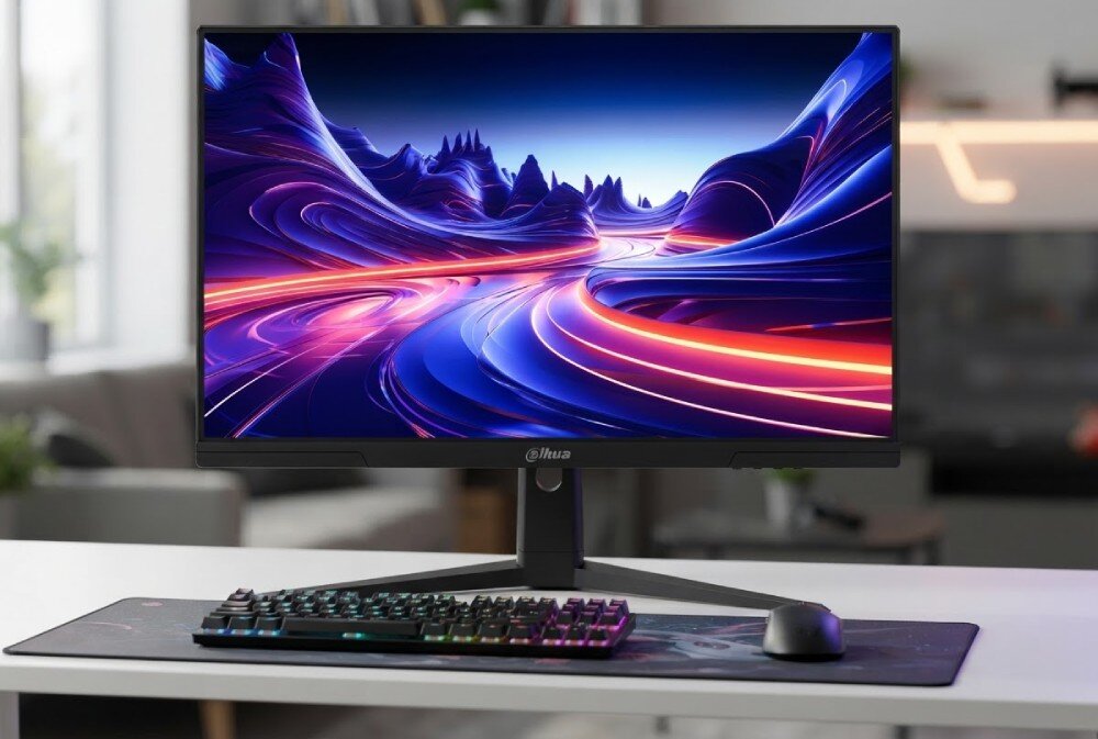 Monitor DAHUA LM25-E241B Monitor na jasnym biurku w doświetlonym pomieszczeniu, z klawiaturą i myszą na podkładce