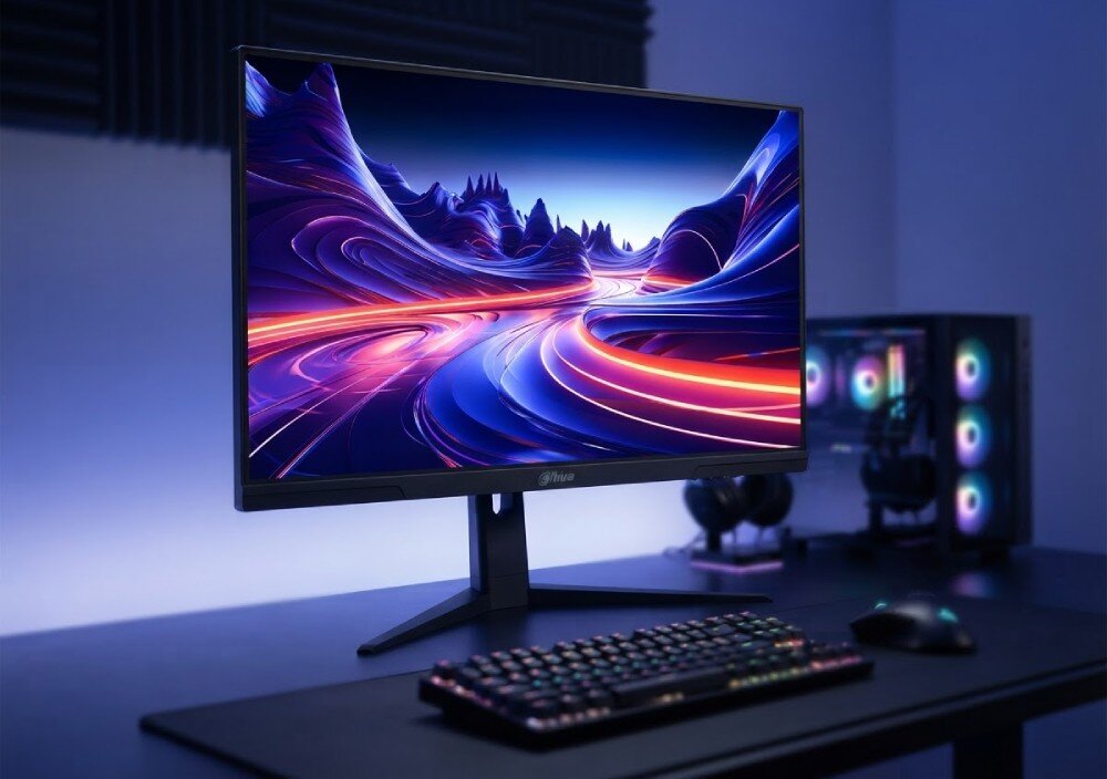 Monitor DAHUA LM25-E241B Monitor widziany z profilu na ciemnym blacie, z podświetloną obudową komputera w tle