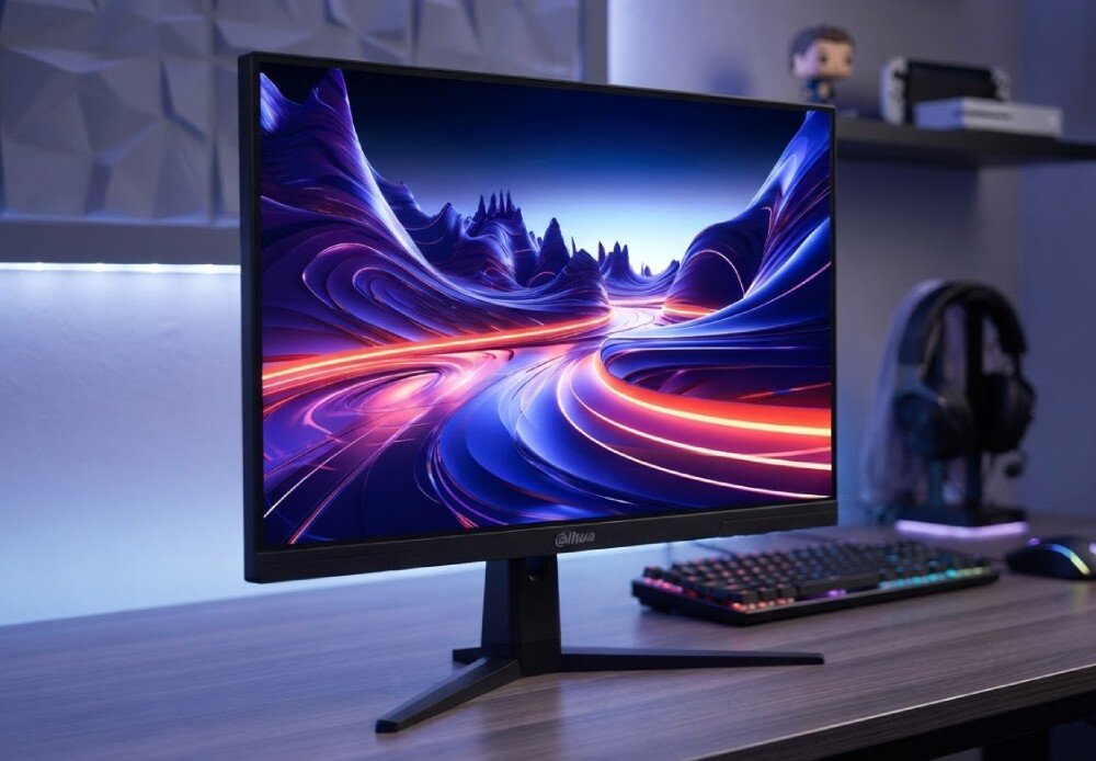 Monitor DAHUA LM25-E231BN Monitor stoi na biurku pod lekkim kątem z wyświetloną abstrakcyjną grafiką, przed nim leży klawiatura oraz mysz, a obok stoją słuchawki