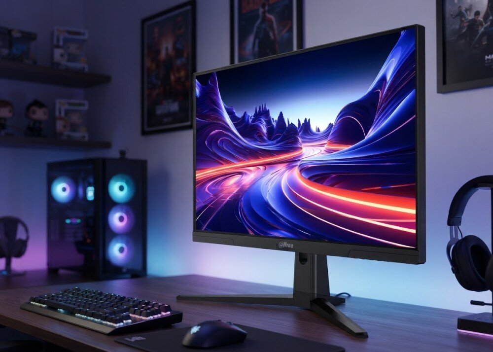Monitor DAHUA LM25-E231BN Monitor usytuowany na biurku ukazany ujęcia z prawej strony z widocznym obok komputerem stacjonarnym, klawiaturą, myszką i słuchawkami