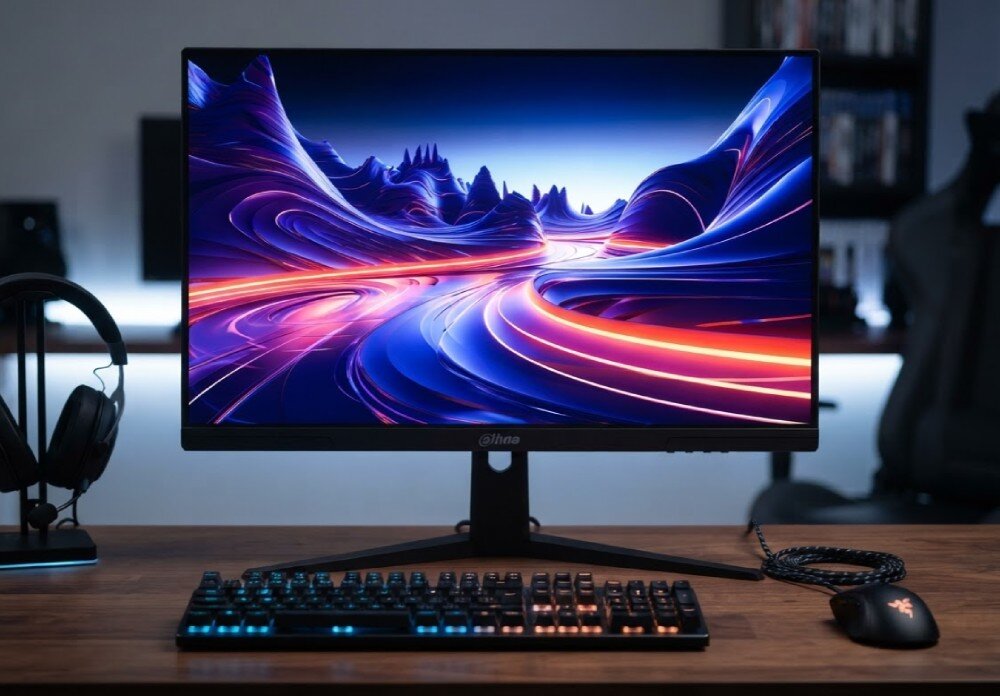 Monitor DAHUA LM25-E231BN Monitor usytuowany na drewnianym biurku przodem do widza, na ekranie widać barwną grafikę, a przed nim umieszczono klawiaturę oraz mysz