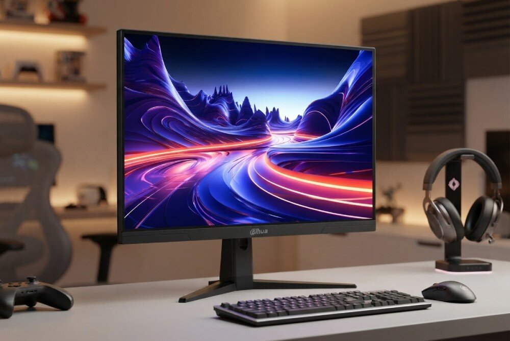Monitor DAHUA LM25-E231BN Monitor zaprezentowany w jasnym pomieszczeniu na biurku pod kątem z włączonym ekranem, obok widoczna jest klawiatura, myszka oraz słuchawki
