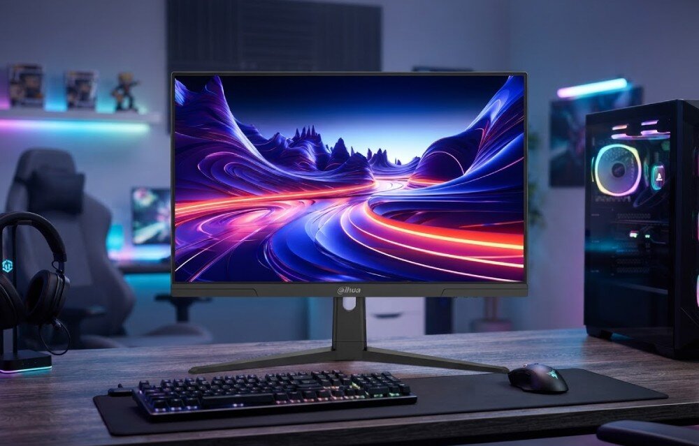 Monitor DAHUA LM25-E231BN Monitor stojący na biurku przodem, w tle widać podświetloną obudowę komputerową, fotel gracza, a na blacie leży klawiatura i myszka