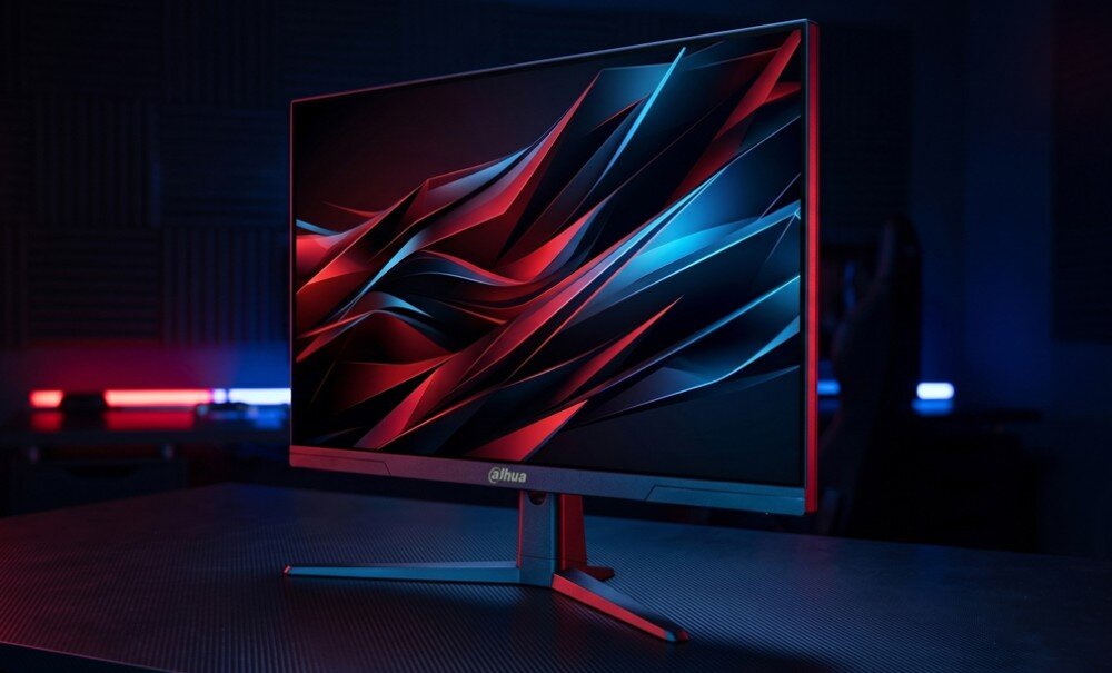 Monitor z logo \'Dahua\' na dolnej ramce, wyświetlający abstrakcyjną grafikę w kolorach czerwonym i niebieskim. Monitor stoi na biurku w ciemnym pomieszczeniu z delikatnym oświetleniem w tle.