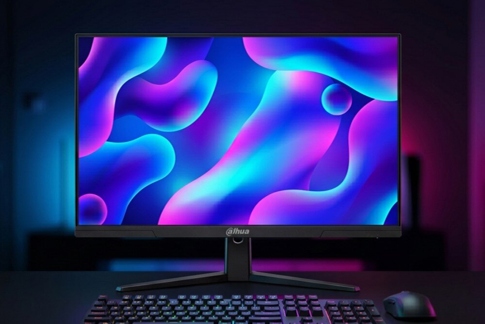 Monitor z logo \'dahua\' wyświetla kolorową, abstrakcyjną grafikę. Przed monitorem znajduje się klawiatura i myszka na ciemnym biurku.