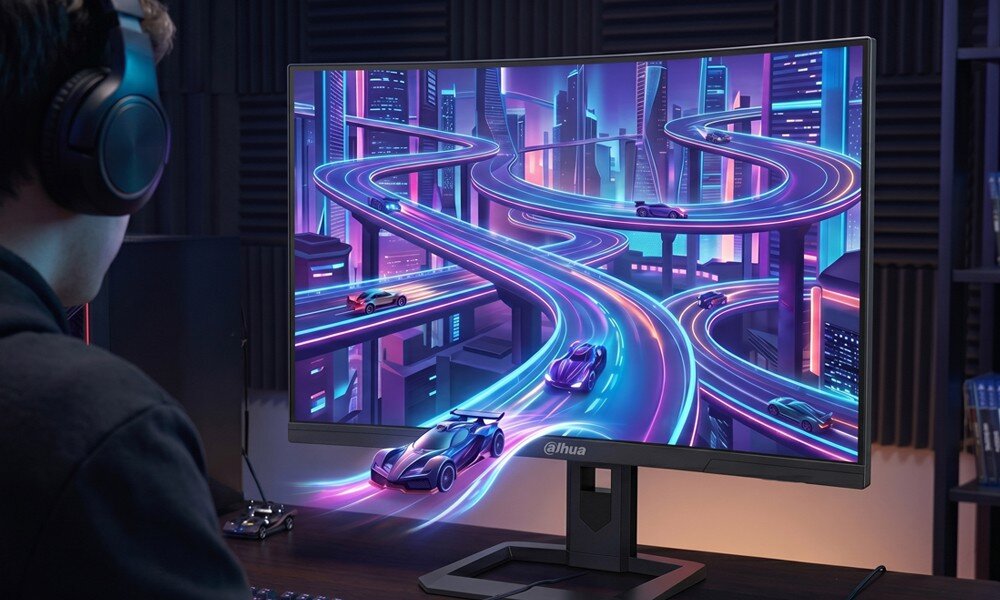 Osoba siedzi przed monitorem, na którym wyświetlana jest kolorowa grafika przedstawiająca futurystyczne miasto z neonowymi drogami i samochodami. Na dolnej ramce monitora widoczne jest logo \'dahua\'.