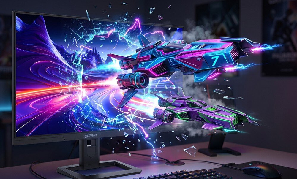 Monitor marki Dahua wyświetla dynamiczną grafikę z futurystycznymi pojazdami kosmicznymi, które wydają się wychodzić z ekranu. Na obudowie monitora widoczne jest logo \'dahua\'.