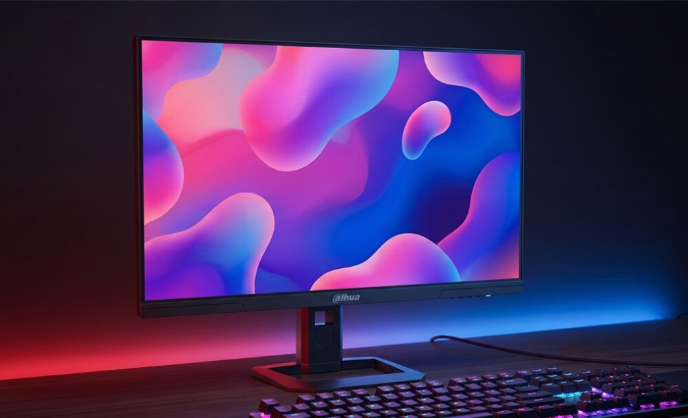 Monitor z wyświetlaczem pokazującym kolorową, abstrakcyjną grafikę. Na dolnej ramce widoczne jest logo \'dahua\'.