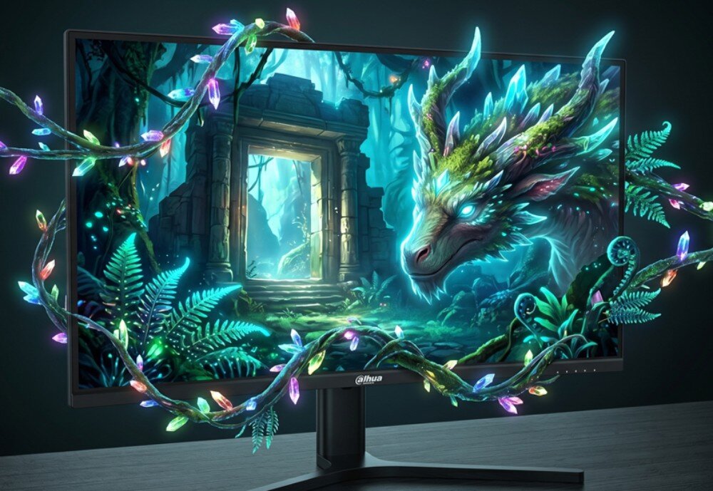 Monitor z wyświetlonym kolorowym obrazem przedstawiającym fantastycznego smoka w lesie, otoczony kolorowymi lampkami. Na dolnej ramce monitora widoczne jest logo \'dahua\'.