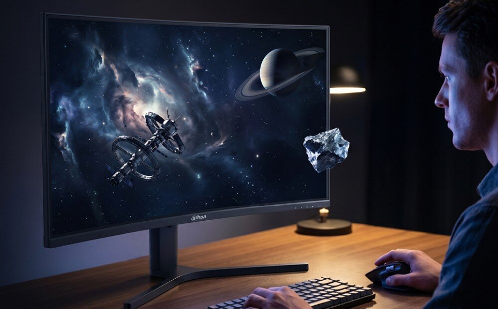 Osoba siedzi przy biurku, patrząc na zakrzywiony monitor marki Dahua, na którym wyświetlany jest obraz kosmosu z planetą i stacją kosmiczną. Na biurku znajduje się klawiatura i myszka.