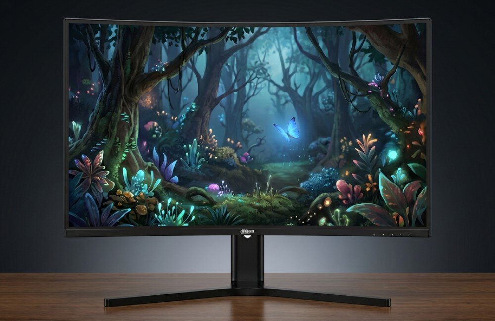 Monitor z zakrzywionym ekranem wyświetla kolorową grafikę przedstawiającą magiczny las z motylem. Na dolnej ramce widoczne jest logo \'Dahua\'.