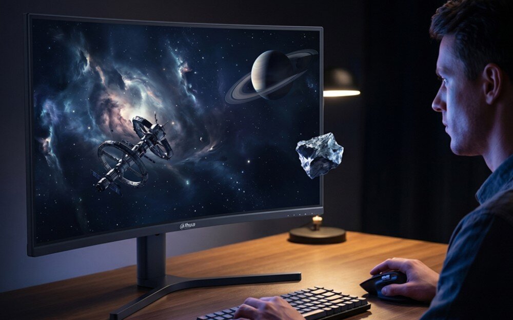 Osoba siedzi przy biurku, patrząc na zakrzywiony monitor, na którym wyświetlany jest obraz kosmosu z planetą i asteroidą. Na dolnej ramce monitora widoczne jest logo \'Dahua\'.