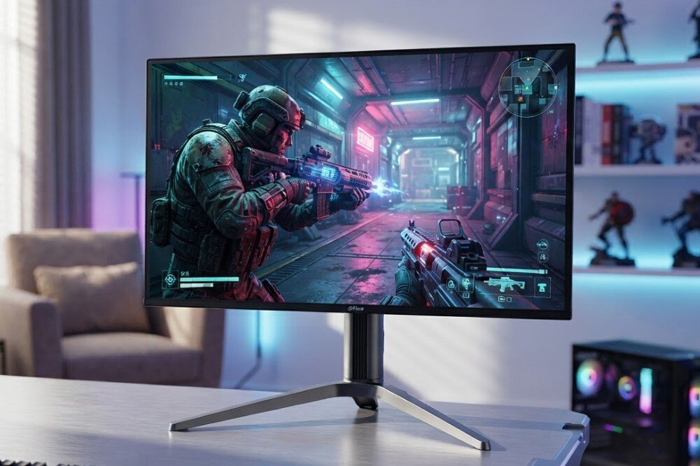 Monitor DAHUA LM27-GO34A Monitor stoi na biurku, wyświetlając grę akcji z perspektywy pierwszej osoby z żołnierzem w korytarzu
