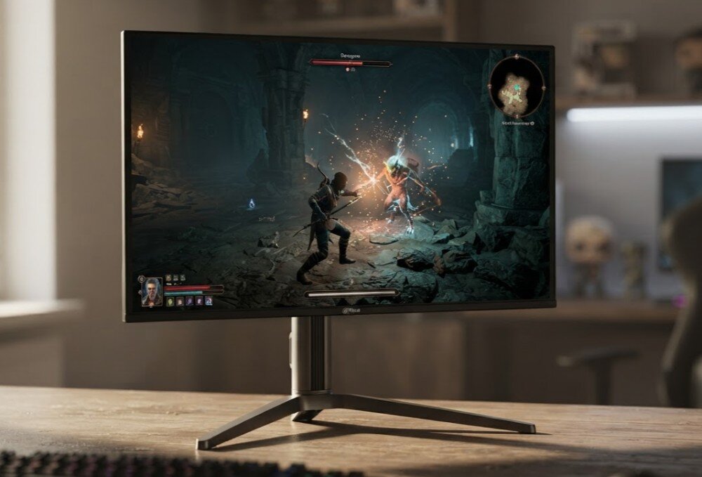 Monitor DAHUA LM27-GO34A Monitor na drewnianym stole prezentuje scenę z gry fabularnej, w której postać walczy ze stworem w jaskini