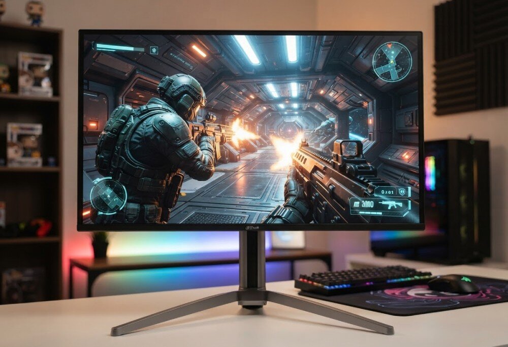 Monitor DAHUA LM27-GO34A Monitor stoi na biurku komputerowym i wyświetla dynamiczną scenę strzelanki science fiction