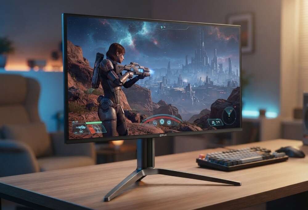 Monitor DAHUA LM27-GO34A Monitor ustawiony pod kątem na biurku pokazuje postać uzbrojonej kobiety na tle futurystycznego miasta