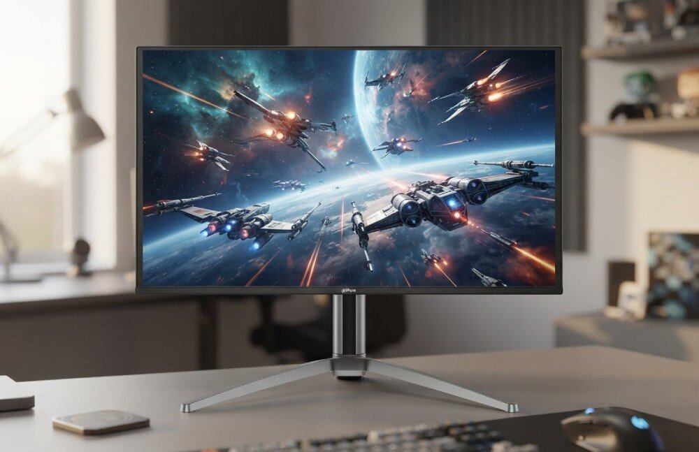 Monitor DAHUA LM27-GO34A Monitor na biurku prezentuje kosmiczną bitwę z wieloma statkami powietrznymi na tle planety