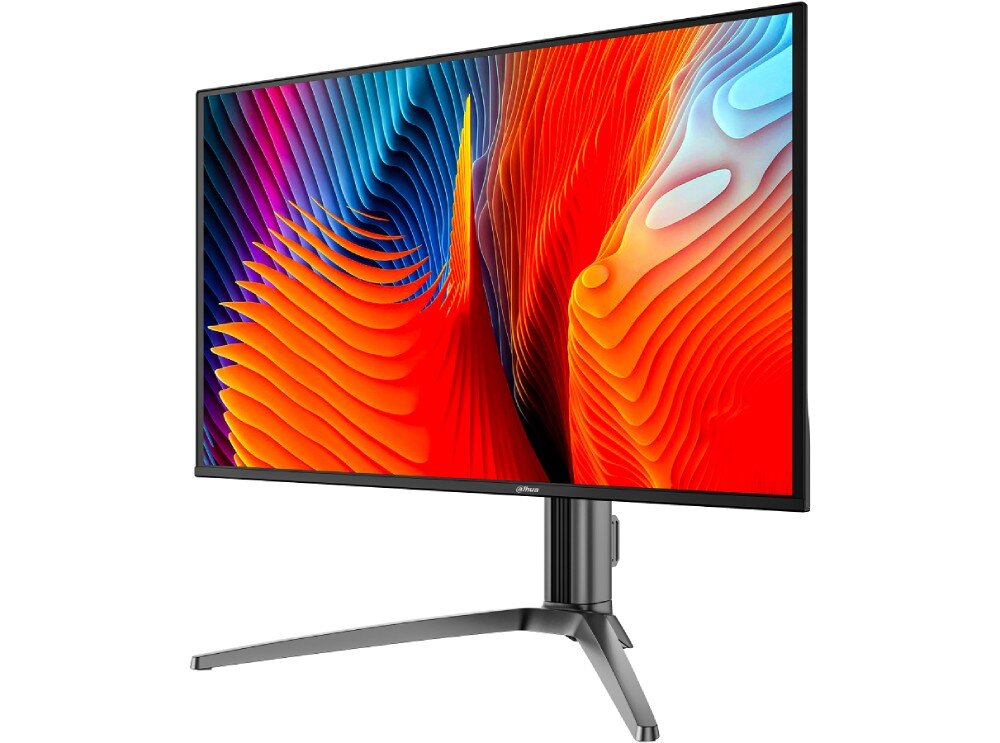Monitor DAHUA LM27-GO34A Ukazany pod kątem monitor wyświetla abstrakcyjną, faliście zakrzywioną grafikę ze wzorami