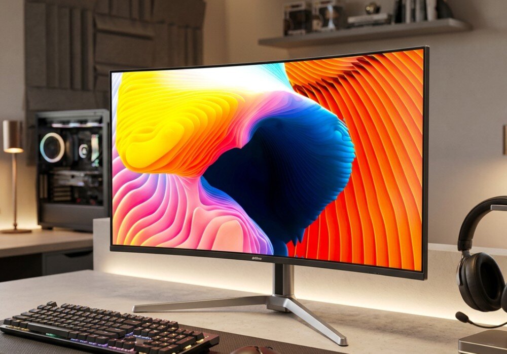 Monitor DAHUA LM32-GO43A Zakrzywiony monitor komputerowy ze spersonalizowaną grafiką na ekranie stacjonuje na biurku obok klawiatury oraz słuchawek