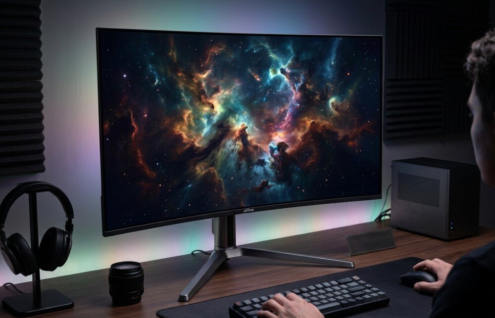 Monitor DAHUA LM32-GO43A Zakrzywiony monitor z motywem kosmosu stoi na drewnianym biurku przed użytkownikiem korzystającym z klawiatury i myszy