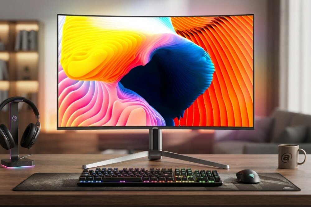 Monitor DAHUA LM32-GO43A Zakrzywiony monitor usytuowany w centrum biurka nad podświetlaną klawiaturą, myszką i podkładką