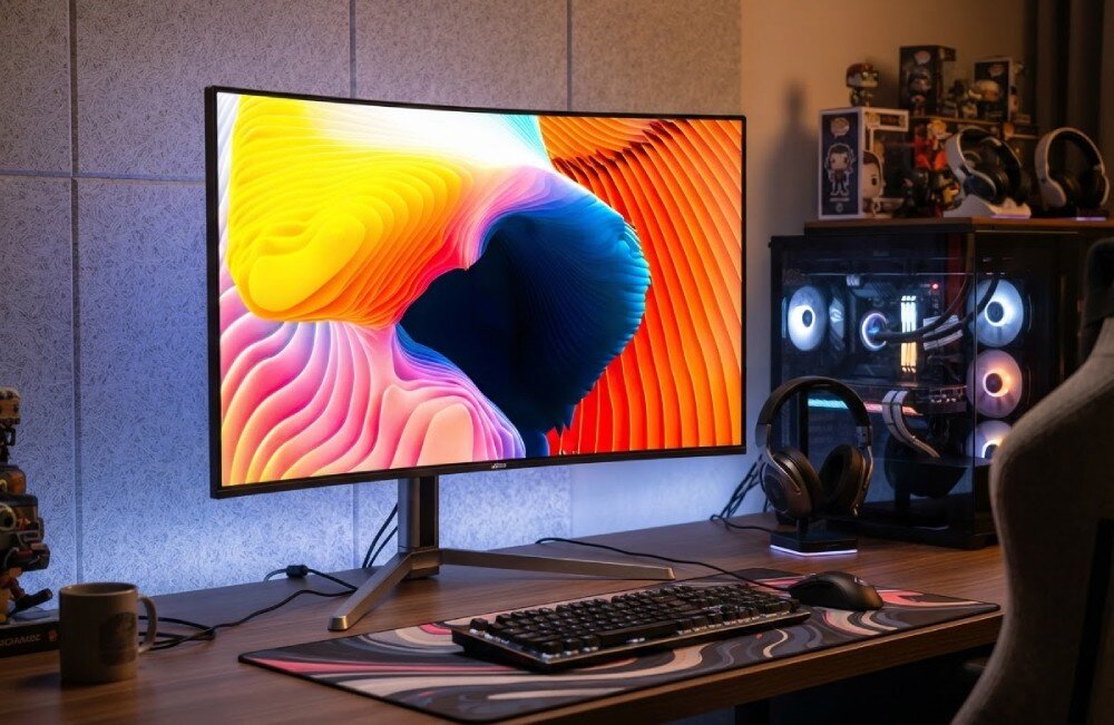 Monitor DAHUA LM32-GO43A Zakrzywiony monitor zaprezentowany na stanowisku komputerowym obok obudowy z podświetleniem oraz słuchawek