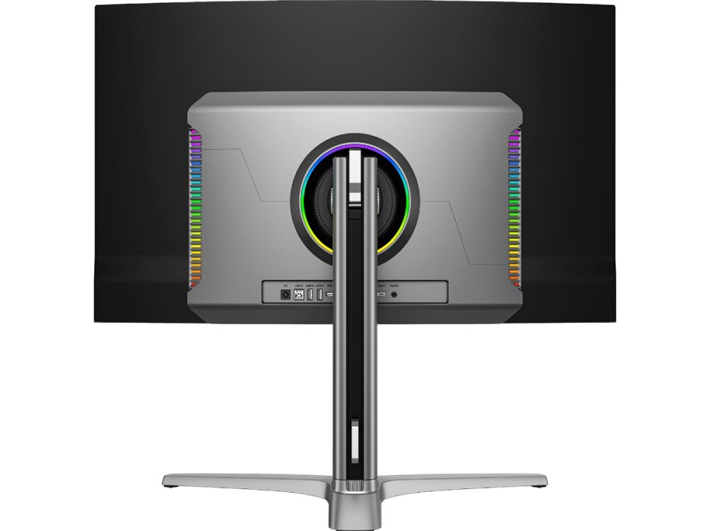 Monitor DAHUA LM32-GO43A Tylny panel zakrzywionego monitora na podstawie z widocznym portem złączy oraz podświetleniem akcentowym na krawędziach