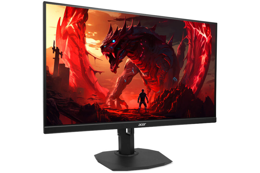 Monitor ACER Nitro XF273U F3 27 cali 2560x1440px IPS 320Hz 0.5 ms [GTG] prezentacja monitora od przodu na białym tle pod kątem wymiary komfort stabilność