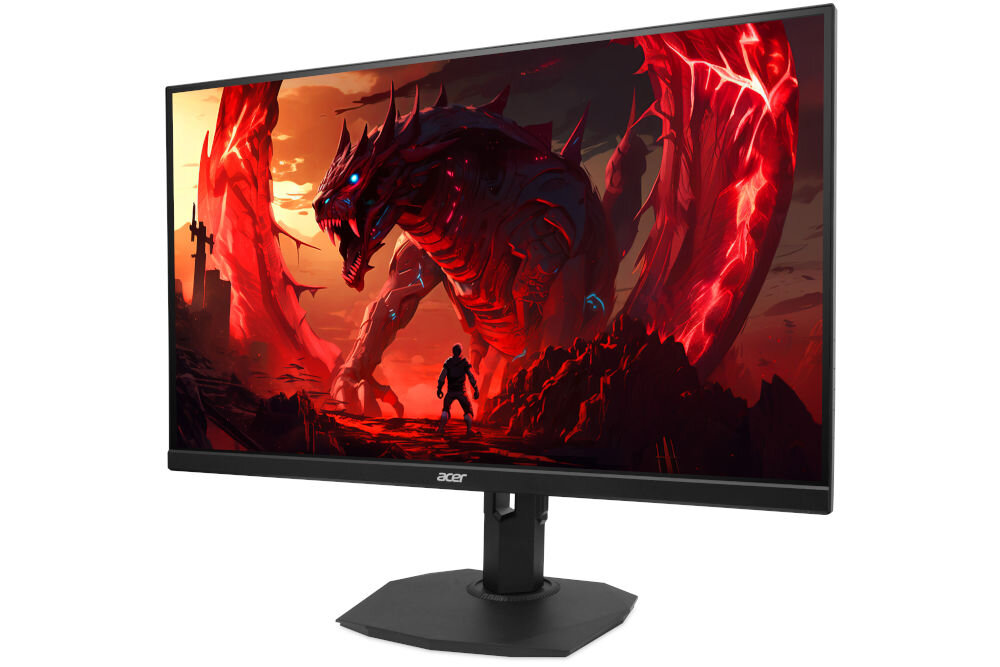 Monitor ACER Nitro XF273U F3 27 cali 2560x1440px IPS 320Hz 0.5 ms [GTG] prezentacja monitora od przodu pod kątem na białym tle DCI-P3 90% realistyczne intensywne kolory immersja przyjemny dla oka obraz