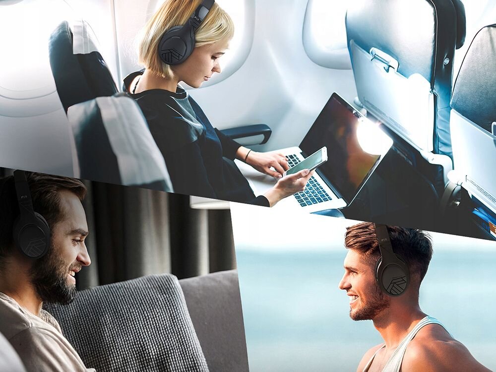 Słuchawki nauszne POWERLOCUS P19 Bluetooth 5.3 kompatybilność iOS Android Windows Mac, różne kadry osób z założonymi słuchawkami nausznymi