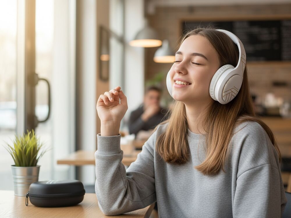 Słuchawki nauszne POWERLOCUS P19 pasmo 20 Hz 20 kHz USB-A do USB-C kabel AUX AAC SBC, osoba z założonymi słuchawkami nausznymi