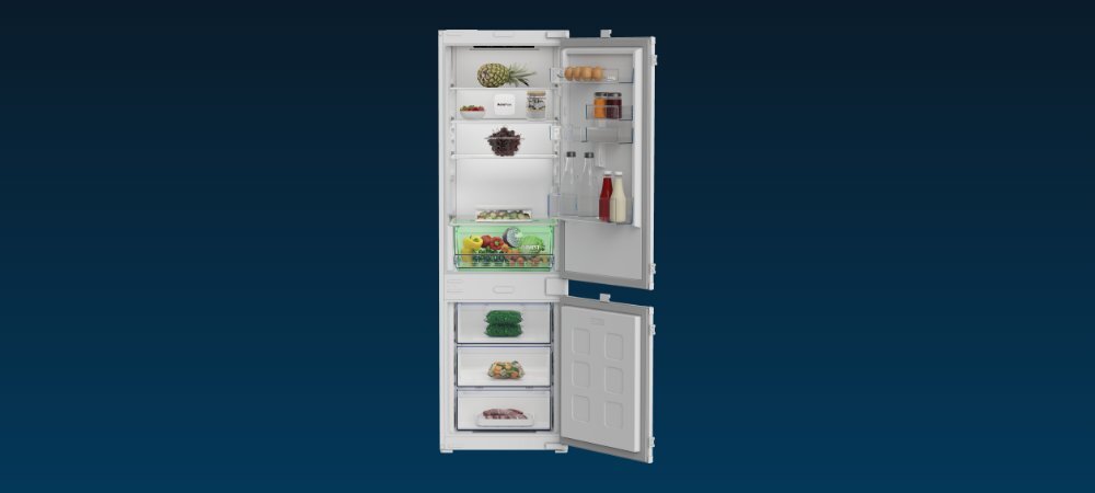 LODÓWKA BEKO B3BCNA294HS wizualizacja lodówka otwarta wnętrze półki szuflady produkty Funkcjonalność na co dzień Oświetlenie LED szklane półki hartowane Wyświetlacz elektroniczny testy