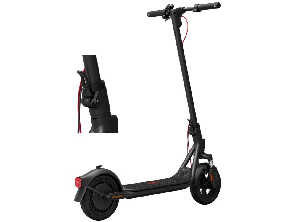 Hulajnoga elektryczna SEGWAY F2 Pro D II 65km 900W 10 cali Czarny hulajnoga na białym tle widoczna od tyłu pod skosem obok zdjęcie ze zbliżeniem na dźwignię umożliwiającą złożenie pojazdu składana konstrukcja łatwy transport prosty system składania jedną ręką waga 17,75 kg