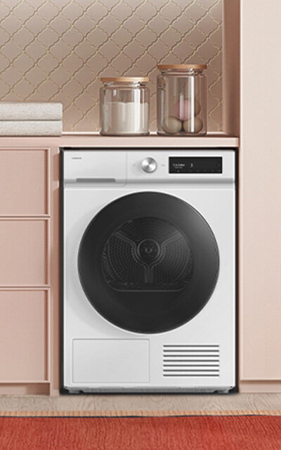 Suszarka Samsung Bespoke AI 9 kg DV90DB7845GWU4, biała z czarnym bębnem, elegancka i wydajna, dostępna w Media Expert.