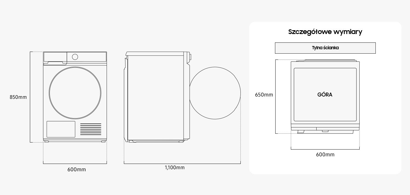Suszarka Samsung Bespoke AI 9kg DV90DB7845GWU4 ma wymiary 850x600x1100 mm, idealnie pasując do każdej przestrzeni.
