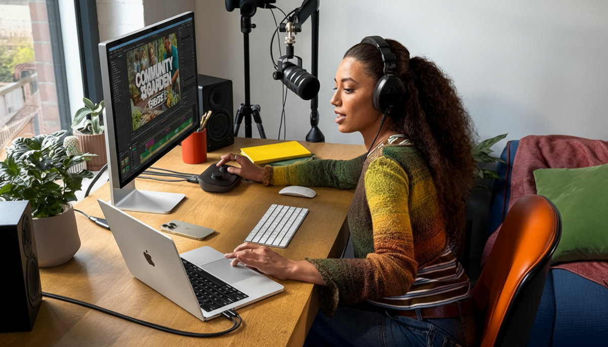 APPLE MacBook Pro Apple Intelligence zamienisz krótką notatkę w profesjonalny tekst narzędzie Oczyść Image Playground stylów ChatGPT inteligentne akcje w apce Skróty plików PDF - Kobieta przy biurku pracuje na laptopie i dużym ekranie w domowym studiu