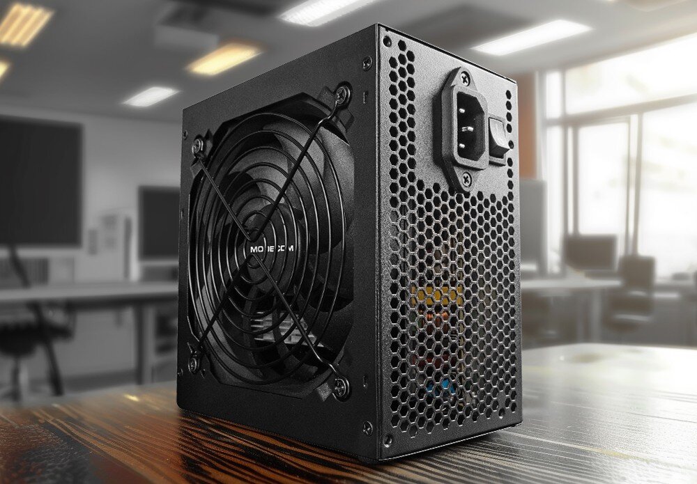 Zasilacz MODECOM B88-700-FC 700W 80 Plus Bronze Bulk zbliżenie na zasilacz stojący na stole opis