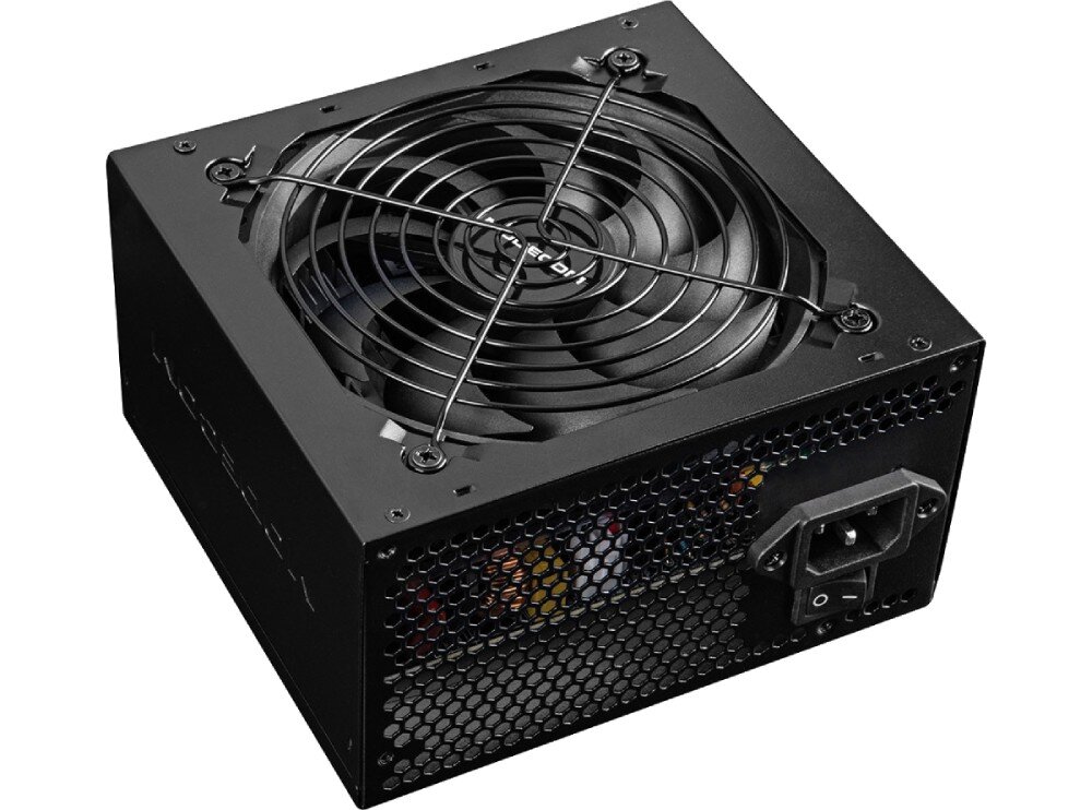 Zasilacz MODECOM B88-700-FC 700W 80 Plus Bronze Bulk rzut od góry na zasilacz z widocznym wentylatorem i gniazdem zasilania moc zabezpieczenie