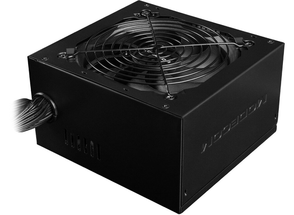 Zasilacz MODECOM B88-700-FC 700W 80 Plus Bronze Bulk tył zasilacza z widocznymi przewodami japońskie kondensatory wytrzymałość