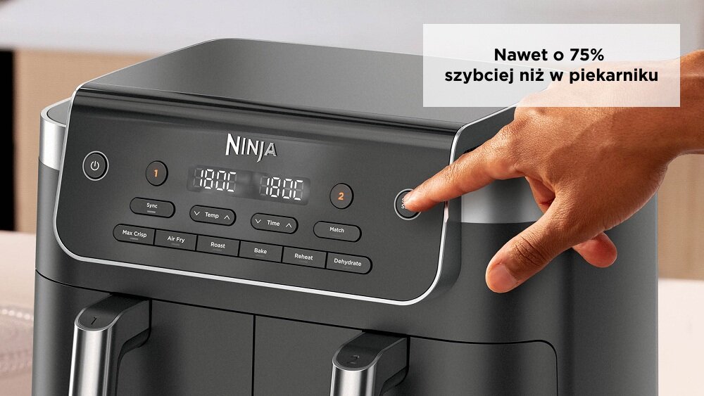 Frytkownica beztłuszczowa z wyświetlaczem LED pokazującym temperaturę 180°C i przyciskami funkcyjnymi. Na obrazie widoczny jest napis: \'Nawet o 75% szybciej niż w piekarniku\'.