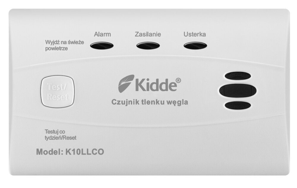 Czujnik tlenku węgla czadu KIDDE K10LLCO wykrywa emimesje tlenku wela w pmieszczeniach wbudowana pamiec litowa montaz na scianie suficie postawic na plaskiej powierzchni blokada uniemozliwaiajaca demontaz szeroki zakres temperatur pd -10 do +45 °C