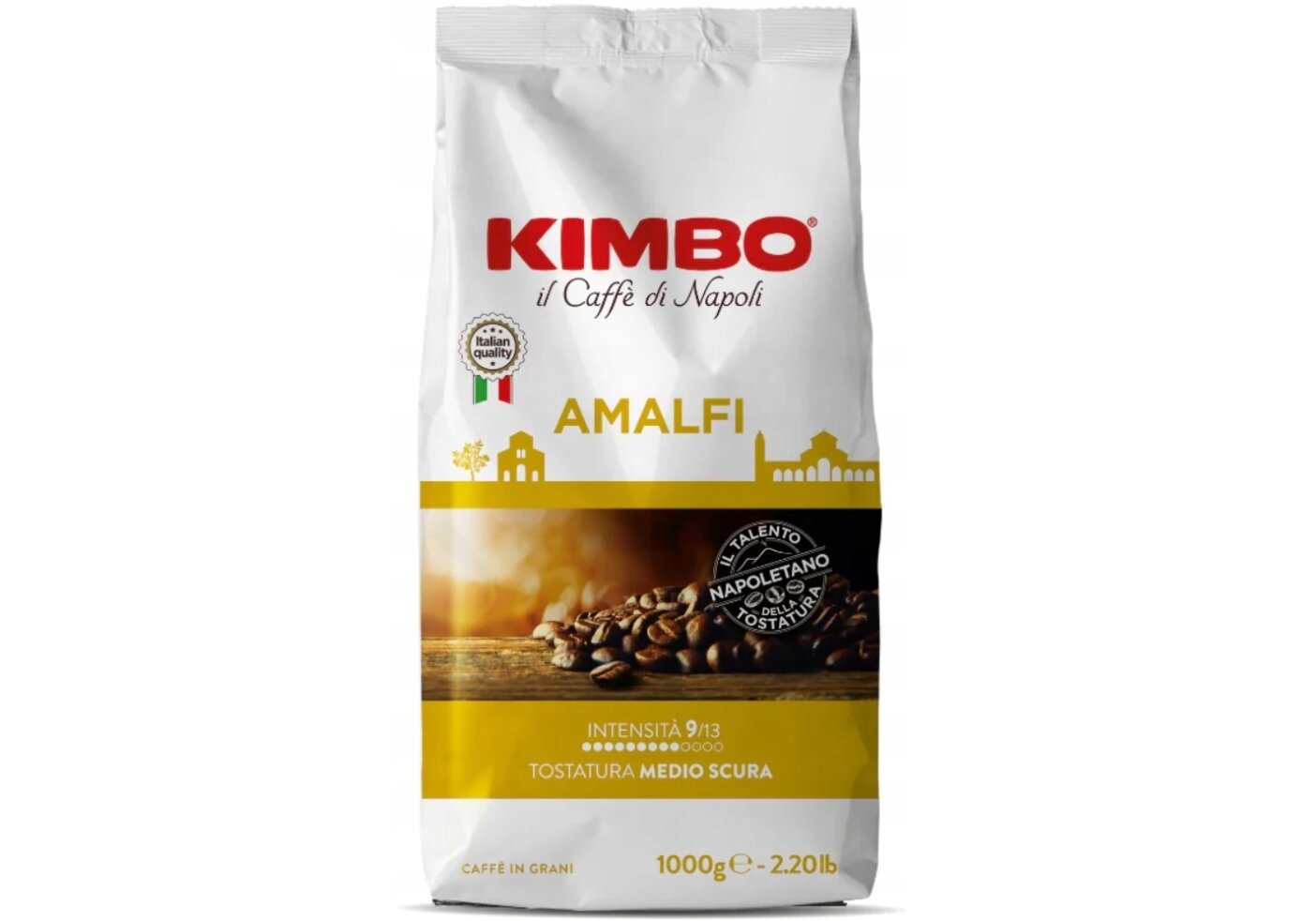 Opakowanie kawy ziarnistej z napisem \'KIMBO Amalfi\' oraz grafiką ziaren kawy. Widoczne są również informacje o intensywności 9/13 i tostatura medio scura, a także waga 1000g - 2.20lb.