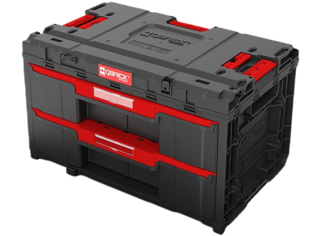 Zestaw skrzynek narzędziowych QBRICK System ONE Drawer 2 Toolbox 2.0 PROMO Compact Organizers Set skrzynka na białym tle system szufladowy liczne organizery gotowe rozwiązanie do segregacji poprawa wydajności podczas realizacji skomplikowanych zadań technicznych
