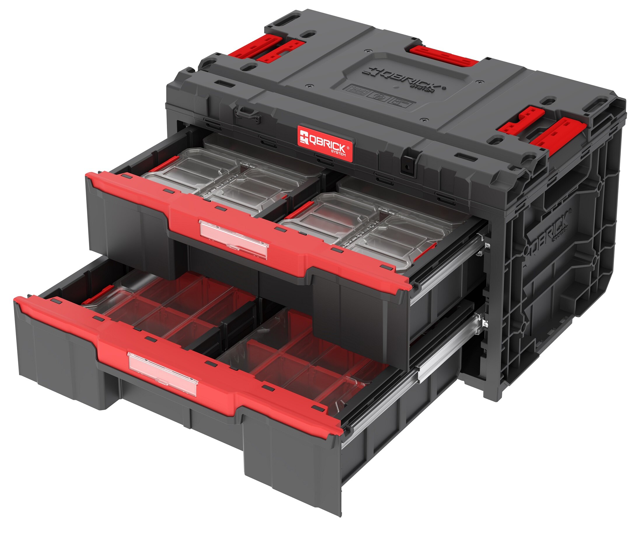 Zestaw skrzynek narzędziowych QBRICK System ONE Drawer 2 Toolbox 2.0 PROMO Compact Organizers Set skrzynka na białym tle z wysuniętymi szufladami skrzynia z dwiema szufladami płynny mechanizm wysuwania blokada bezpieczeństwa ergonomia pracy