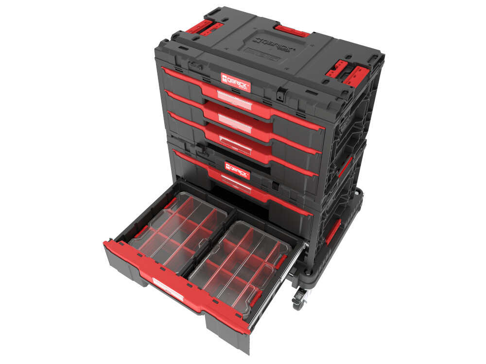 Zestaw skrzynek narzędziowych QBRICK System ONE Drawer 2 Toolbox 2.0 PROMO Compact Organizers Set skrzynka ustawiona na innych skrzynkach wysunięta jedna szuflada białe tło konstrukcja w standardzie 2.0 wysoka trwałość na długie lata poliamidowe konektory boczne pewne połączenie z innymi elementami systemu ONE skrzynia jest stabilnym ogniwem większych zestawów transportowych sztywność przed uszkodzeniami mechanicznymi