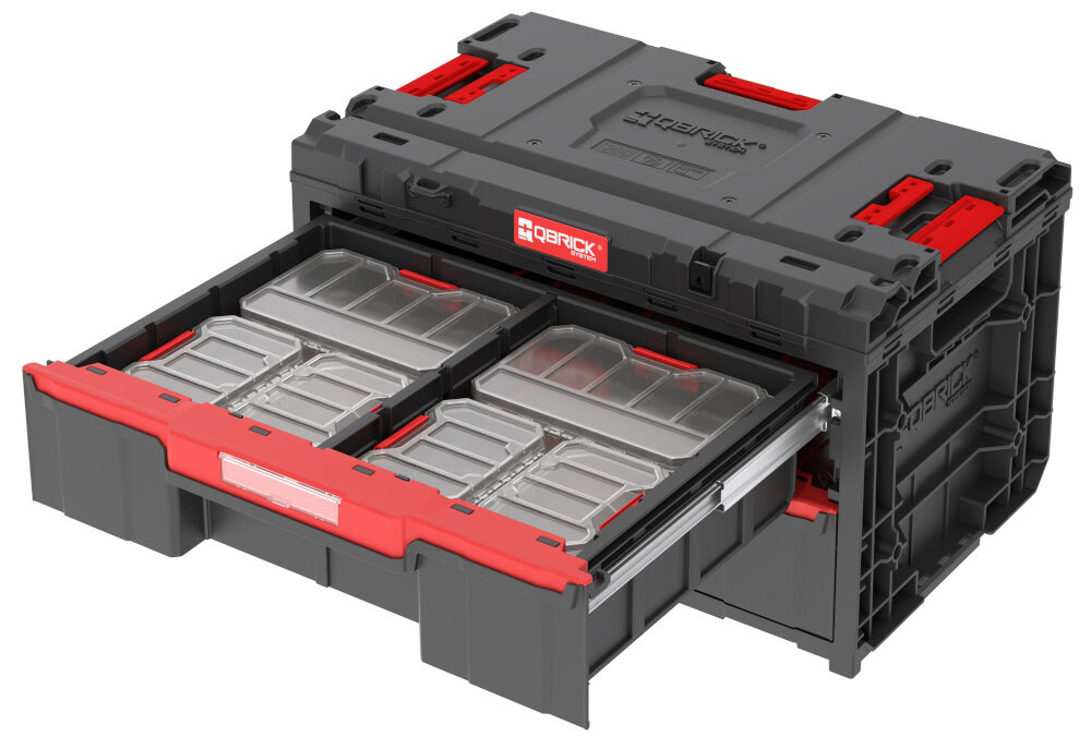 Zestaw skrzynek narzędziowych QBRICK System ONE Drawer 2 Toolbox 2.0 PROMO Compact Organizers Set skrzynka na białym tle z wysuniętą szufladą duża przestrzeń załadunkowa o pojemności do 29 litrów nienaganny wygląd stanowiska pracy logistyka narzędziowa staje się czynnością zaplanowaną i uporządkowaną wymiary 600 x 400 x 365 mm waga około 9,9 kg uchwyty