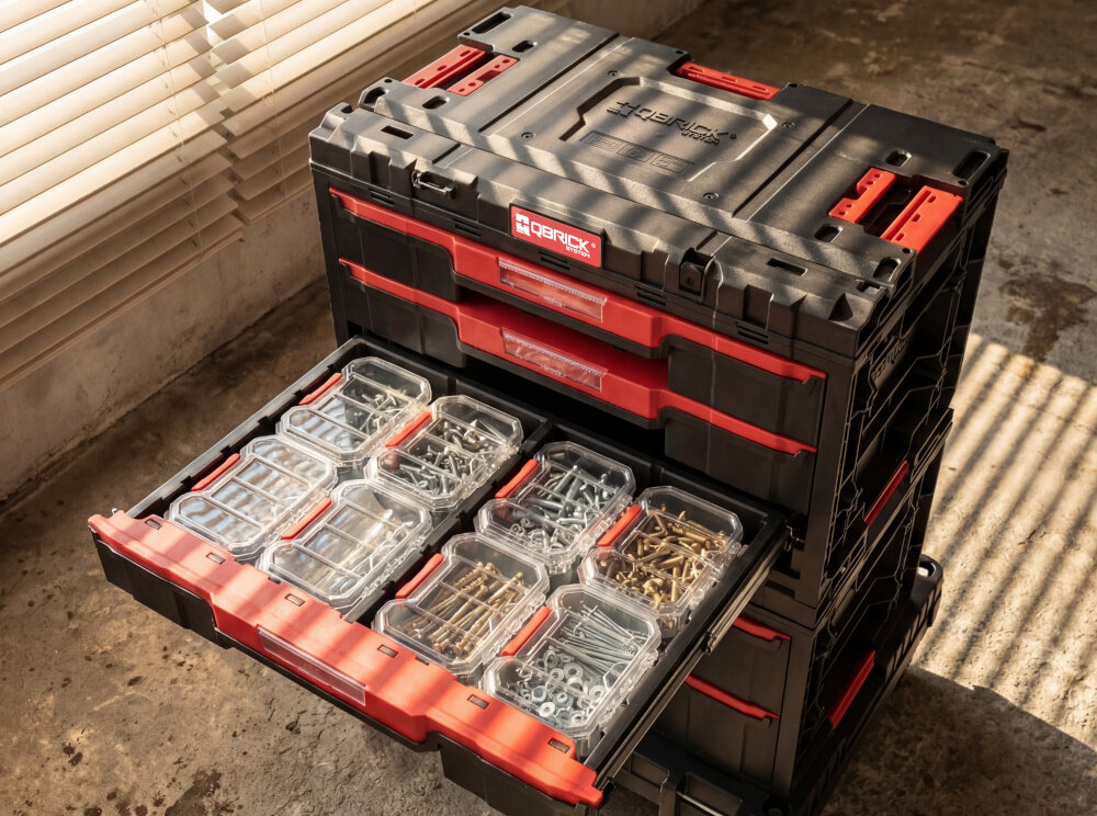Zestaw skrzynek narzędziowych QBRICK System ONE Drawer 3 Toolbox Promo Compact Organizers SET pomieszczenie skrzynka ustawiona na innych skrzynkach betonowa podłoga organizacja porządek segregacja