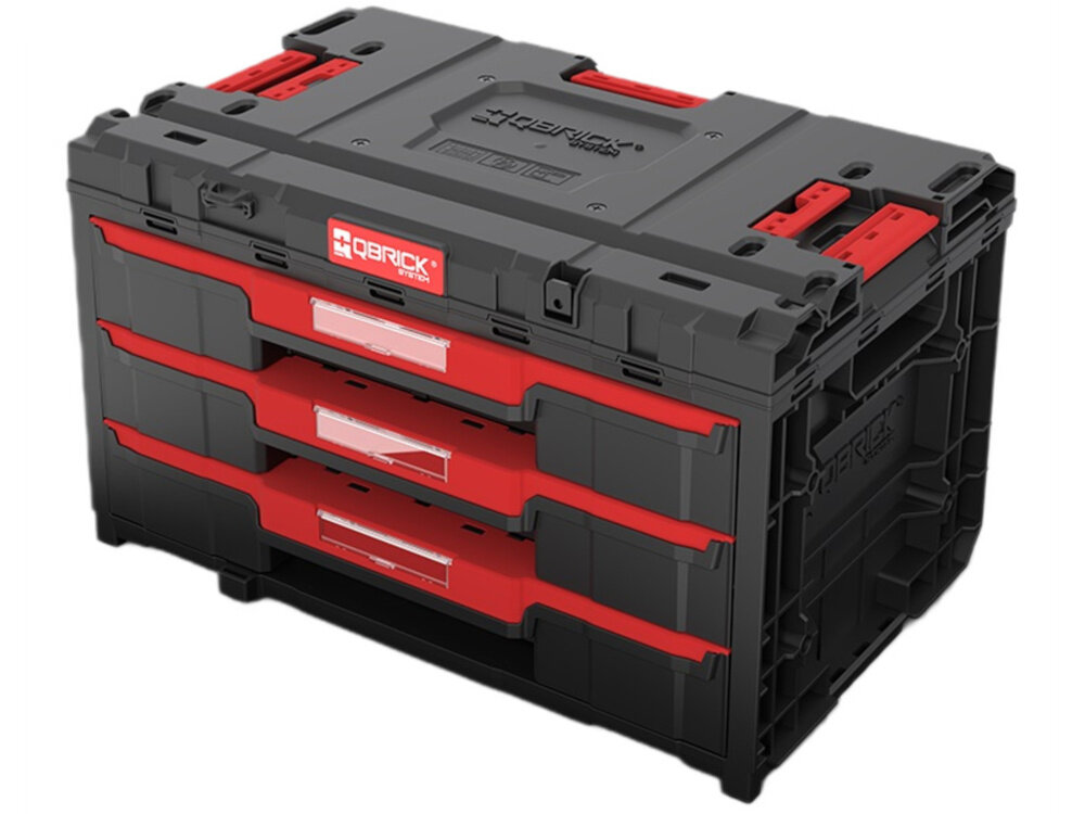 Zestaw skrzynek narzędziowych QBRICK System ONE Drawer 3 Toolbox Promo Compact Organizers SET skrzynka na białym tle wysoki poziom porządku w profesjonalnym warsztacie moduł z trzema niezależnymi szufladami oszczędność czasu własna, łatwo dostępna przestrzeń