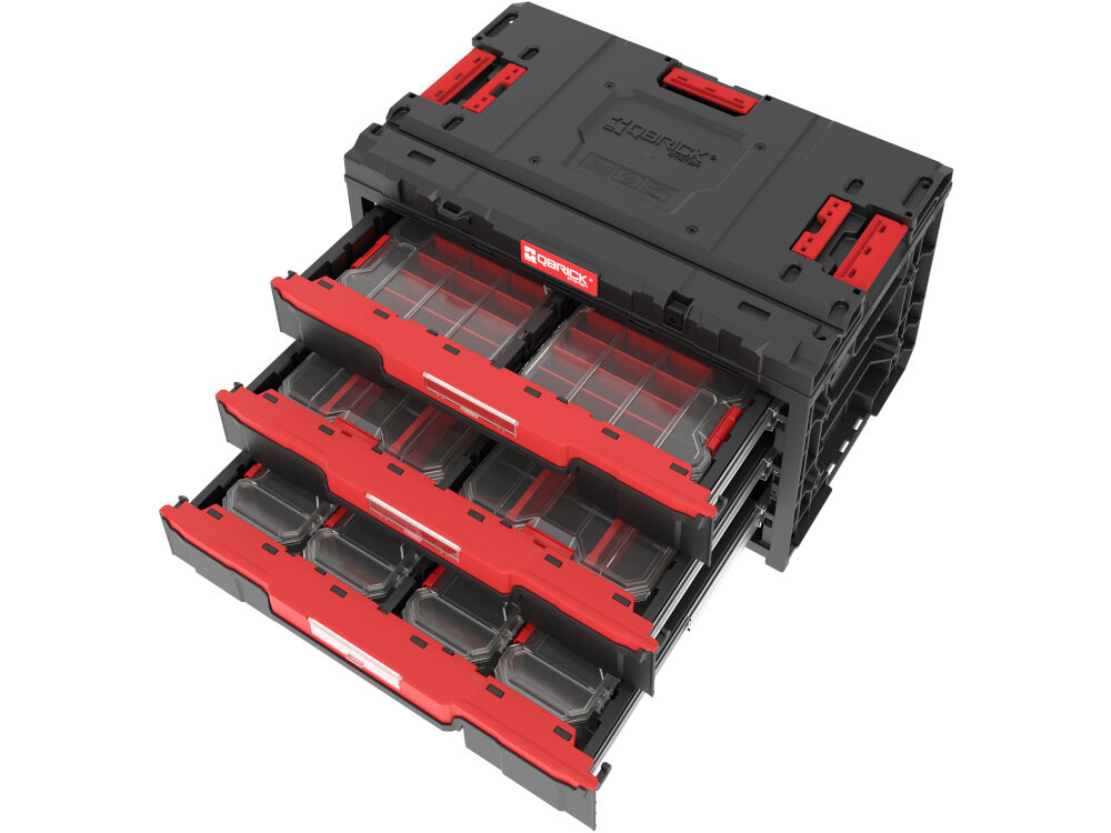 Zestaw skrzynek narzędziowych QBRICK System ONE Drawer 3 Toolbox Promo Compact Organizers SET skrzynka na białym tle z wysuniętymi szufladami system wysuwany trzy szuflady metalowe prowadnice solidna blokada przycisk zwalniający bezpieczeństwo ładunku ergonomia stanowiska pracy