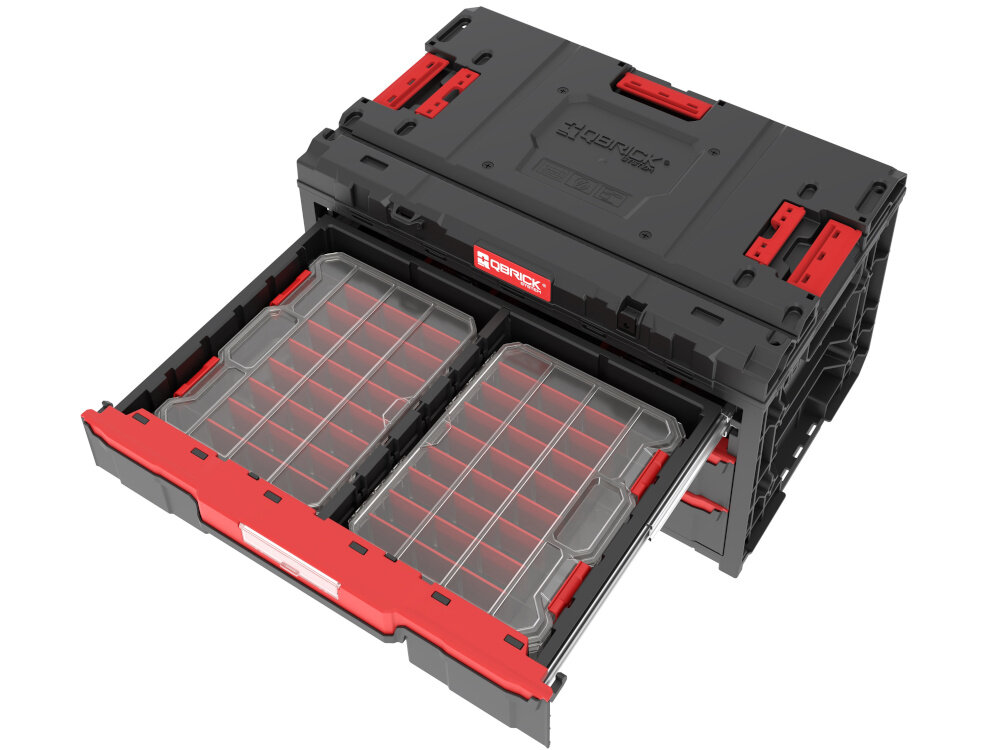 Zestaw skrzynek narzędziowych QBRICK System ONE Drawer 3 Toolbox Promo Compact Organizers SET skrzynka na białym tle z wysuniętą szufladą poliamidowe konektory boczne elementami systemu ONE moduł szufladowy jest stabilnym elementem rozbudowanych wież narzędziowych sztywność